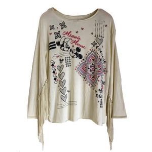 Disney Boutique Womens Shirt Ivory Sz Medium Minnie Mouse Fringe Long Sleeve Top